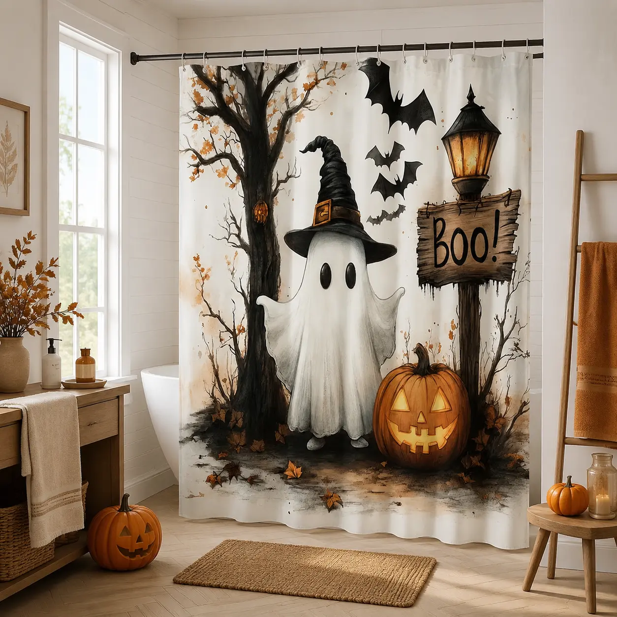 Halloween Ghost Polyester Shower Curtain with Adjustable Hooks, Cute Pumpkin-Bat Bathroom Decoration, Hanging Spooky Holiday Home Accent, Family Halloween Gift