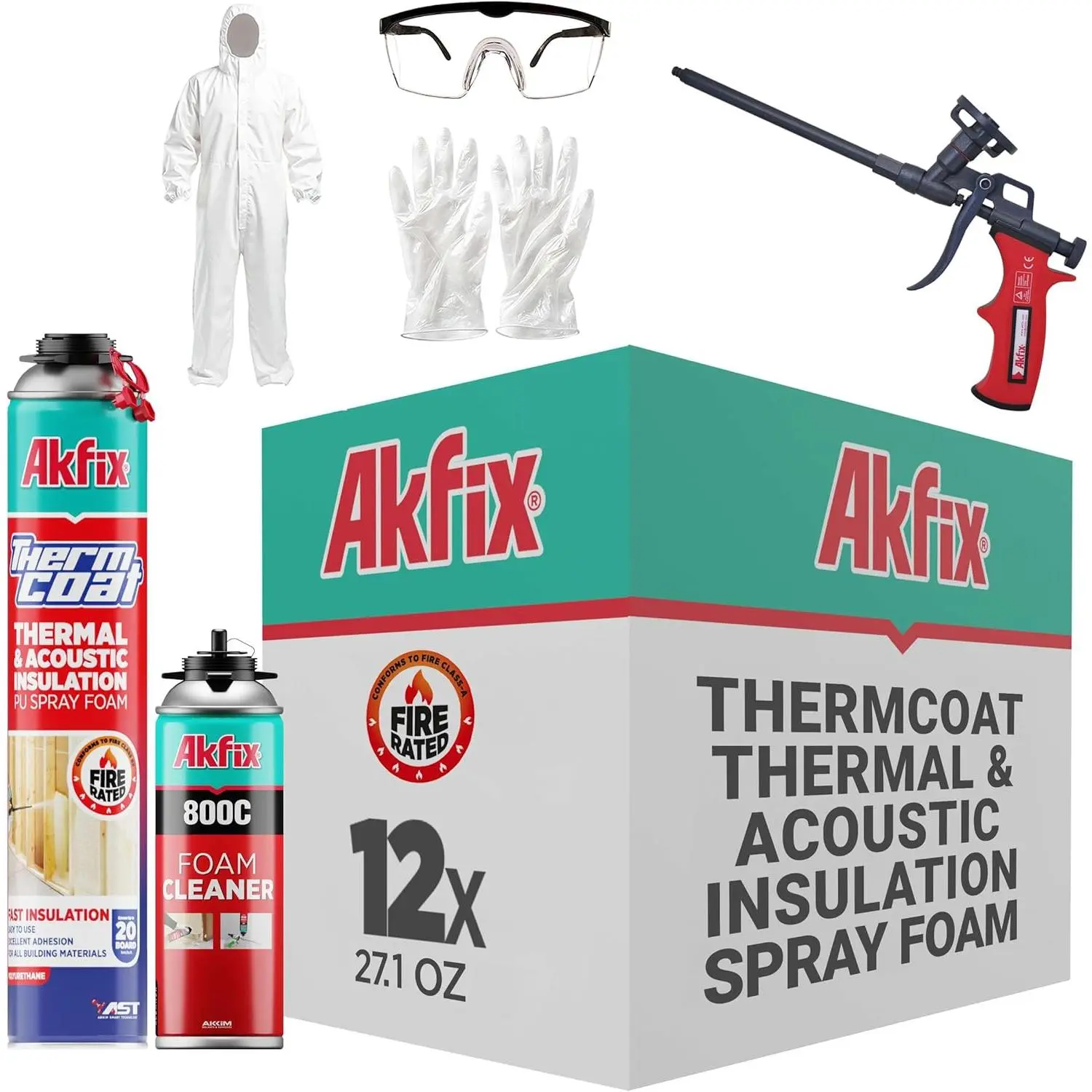 Fire Rated Spray Foam Insulation Kit 240 sq ft (12x27.1 oz.) - (R-Value 11.32 / 2 in) Closed Cell Expanding Wide Sealant Thermal Insulation for Walls and Attic - Gun & Cleaner Included