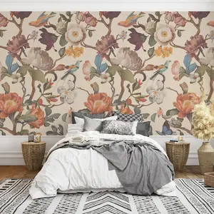 Floral Peel and Stick Wall Mural Beige Flower Wallpaper for Bedroom TV Background Vintage Wallpaper Large Floral Wall Murals Art Deco 148" W x 98" H