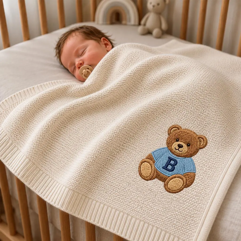 [Made-to-Order] Custom Teddy Bear With Name Embroidered BB Cotton Blanket