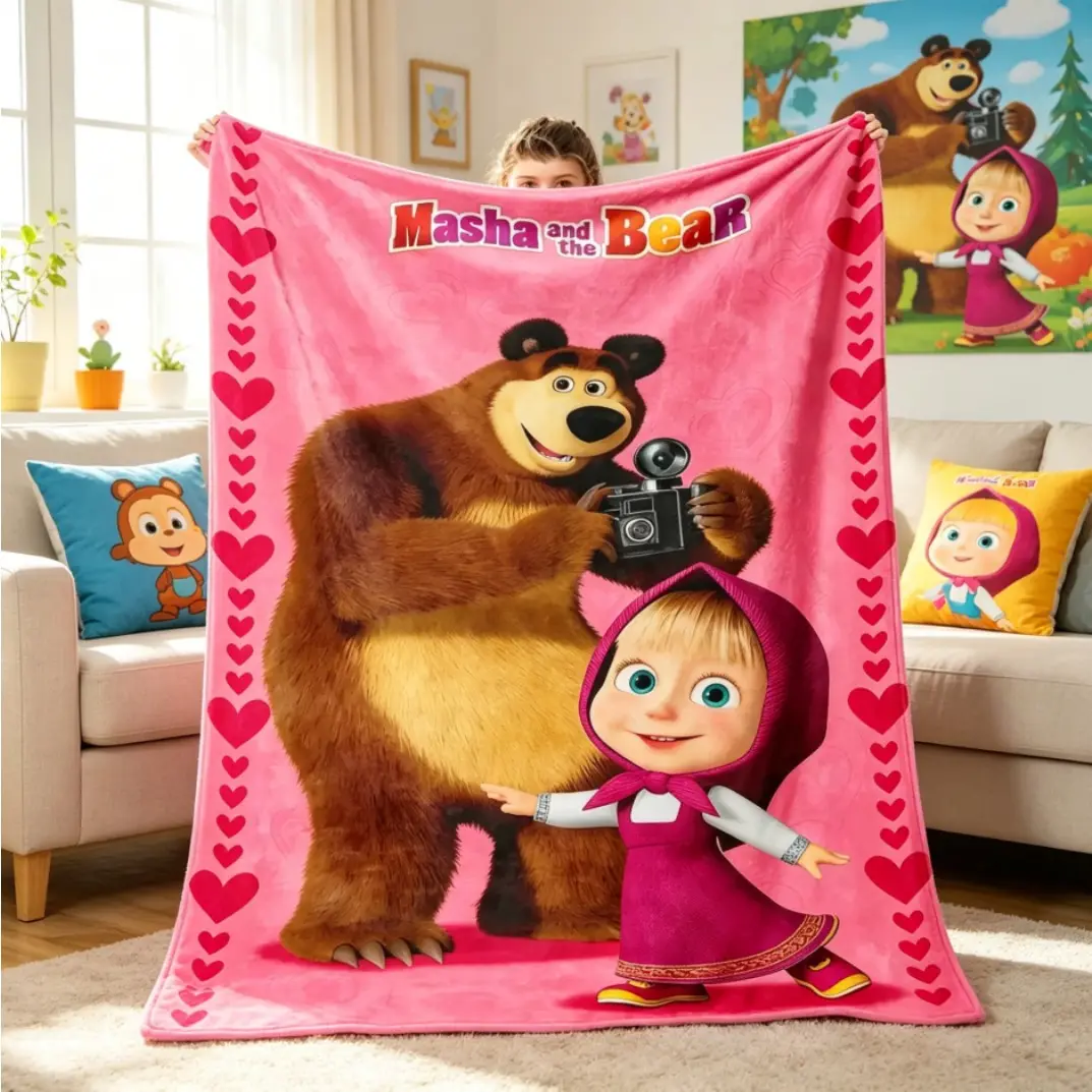 Sale Masha and Bear Style Flannel Blanket, Cute Cartoon Soft Warm Nap Throw for Adults Kids, Office Sofa Travel Fan Gift