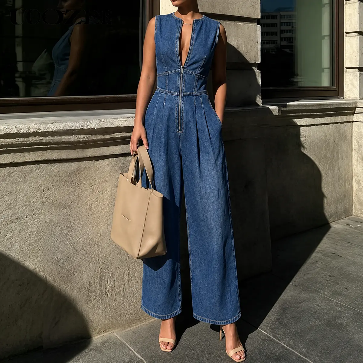UOOZEE Women's New Summer Barrel Overalls Vintage Sleeveless High-Waist Denim Wide-Leg Jumpsuit - Zipper Front, Pockets, Everyday Street-Smart Casual Style, Overalls for Tall Women (1 Size Up Recommended for C-Cup+)