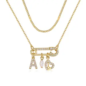 MEIITRUE Safety Pin Initial Letter Pendant Necklace for Women 14K Gold Plated Alphabet Layering 5A Cubic Zirconia Jewelry Girls 2-Way Wear Stackable