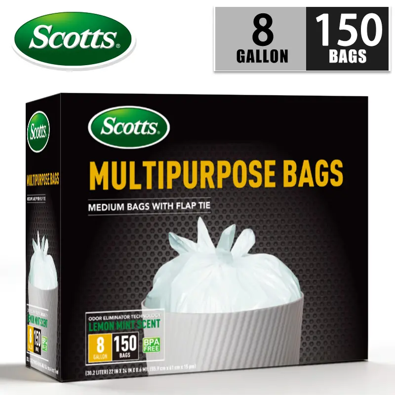 Scotts Sturdy Trash Bags, 150 Bags (8 Gal) Normal Trashbags, Leak-Proof, Tear-Resistant, Puncture-Resistant Drawstrings, Deodorizing Odor-Absorption Tech, Fresh Lemon Scent, Quick-Tie for Kitchen Use