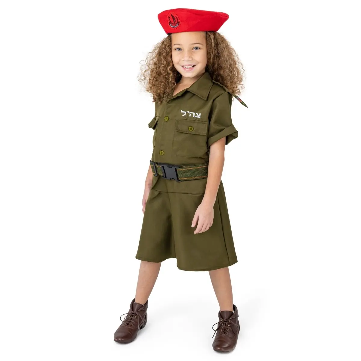 Israeli Soldier Costume for Girls | 3-Piece Dress, Belt & Red Beret with Embroidered Insignia – Military Uniform for Kids Dress-Up, Halloween, Imaginative Play & Role Play
