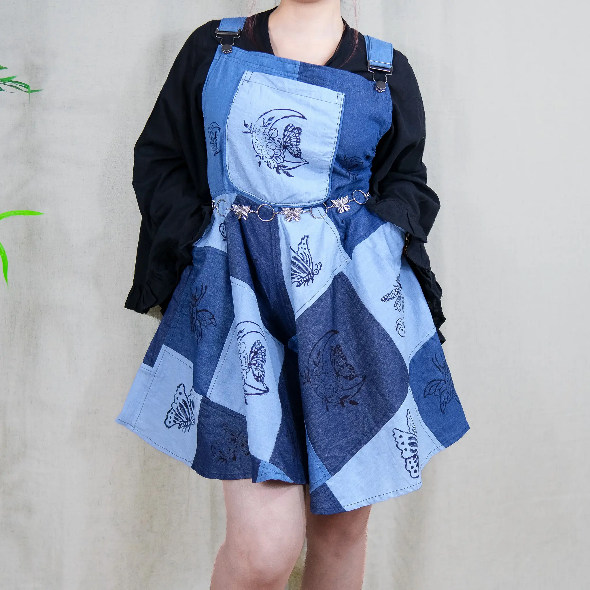 Patchwork Denim Wide Leg Romper, Cotton Flowy Summer Overalls, Bohemian Short Jumpsuit, Funky Hippie Block Print Overalls, Whimsical Boho