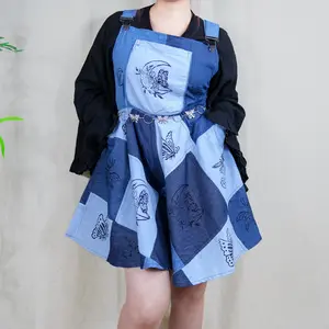 Patchwork Denim Wide Leg Romper, Cotton Flowy Summer Overalls, Bohemian Short Jumpsuit, Funky Hippie Block Print Overalls, Whimsical Boho