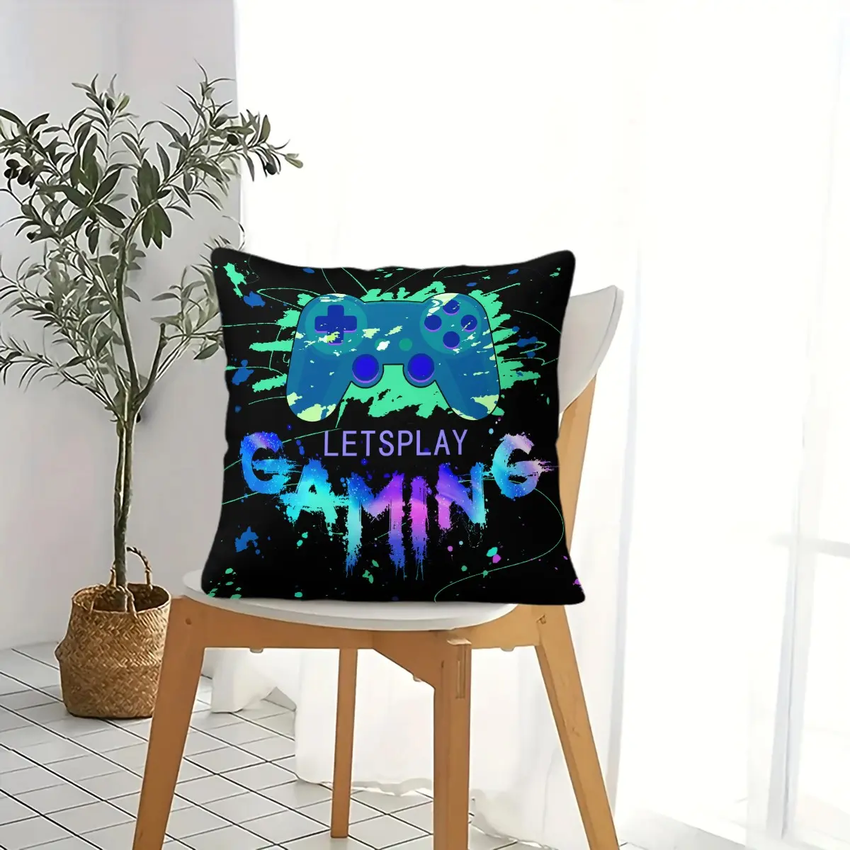 Neon Splash Gaming Controller Throw Pillow, Cool Graffiti Gamer Cushion Accent Pillow Includes Pillow Core, Soft Breathable Fabric, For Sofa, Couch, Game Room, Living Room, Dorm Decor, Great Gift for Boys Teens Video Game, Creative Decorative Cushion