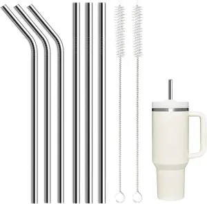 6 Pack Stainless Steel Straw Replacement 40 oz and 30 oz for Stanley Tumbler，3 Straight+3 Bent Reusable Straws with 2 Cleaning Brush Compatible with Stanley 40oz Stanley Cup Tumbler