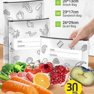 (30PCS, 3 Size) 2025 New Resealable Vacuum Zipper Pouches Food Preservation Bags Reusable Airtight Waterproof Vegetable Storage Container for Kitchen Utensils