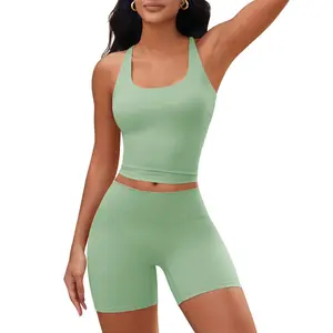 Beotyshow [Womens 2 Piece Workout Sets] Cross Back Padded Halter Tank Tops High Waisted Biker Yoga Shorts Gym Outfits