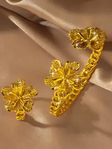 Flower shaped bracelet and ring with adjustable opening design, Jewelry set, 24K copper plated women's jewelry, suitable for girlfriends to wear, exquisite gift for friends, daily gift, perfect for Valentine's Day and weddings, bridal accessories