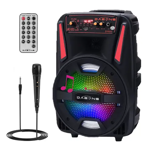 DAZONE 8" Portable Bluetooth PA Speaker - Rechargeable Stereo Speaker with Microphone, FM Radio Antenna, Bluetooth LED Lights, Built-in Bluetooth, Karaoke Setup, Portable Audio System