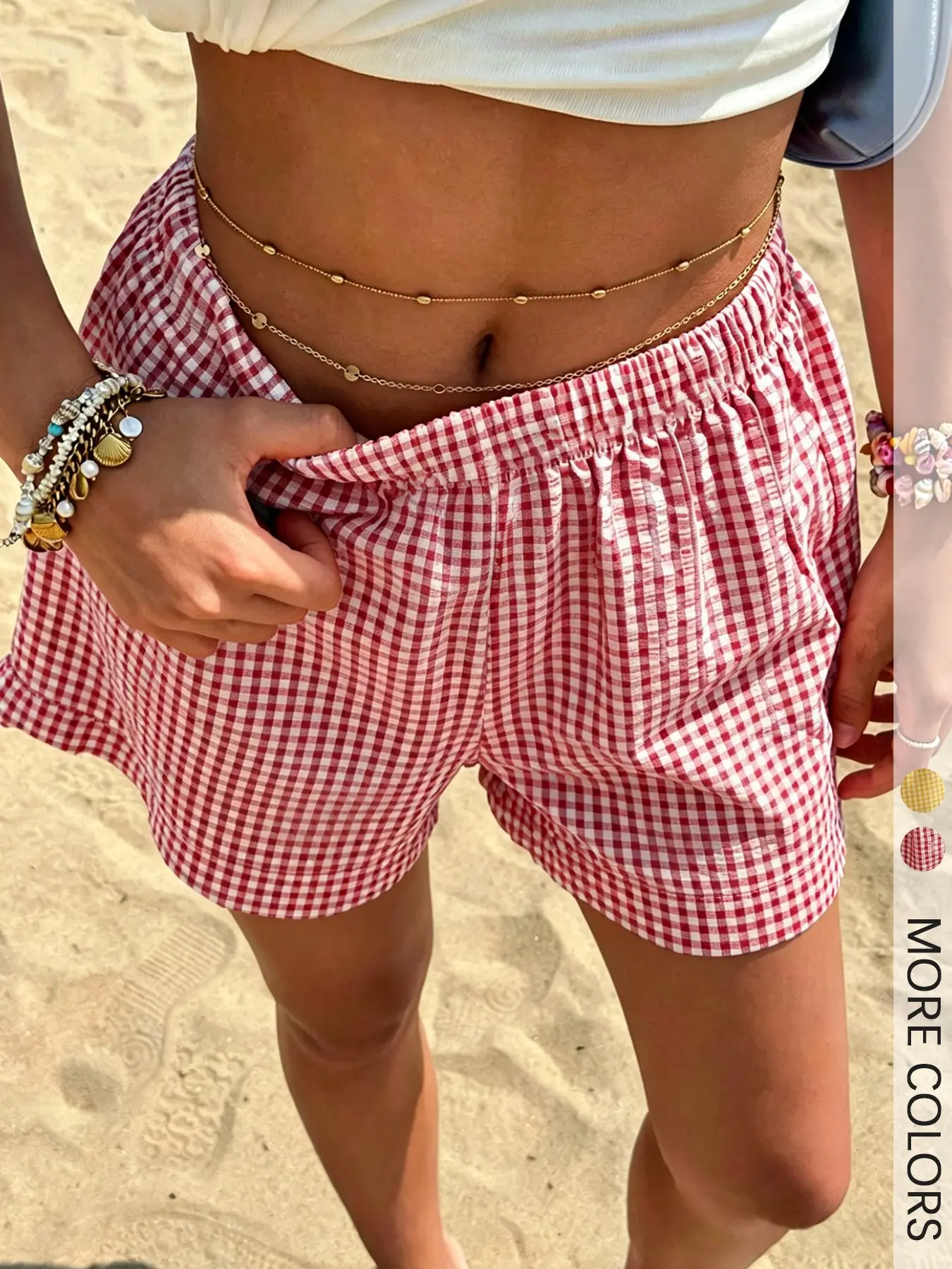 Women's Cute Red Checkered Gingham Fashionable Daily Casual Shorts High Waist Elastic Beach Shorts For Vacation & Casual Beachwear Casual Fitted Shorts