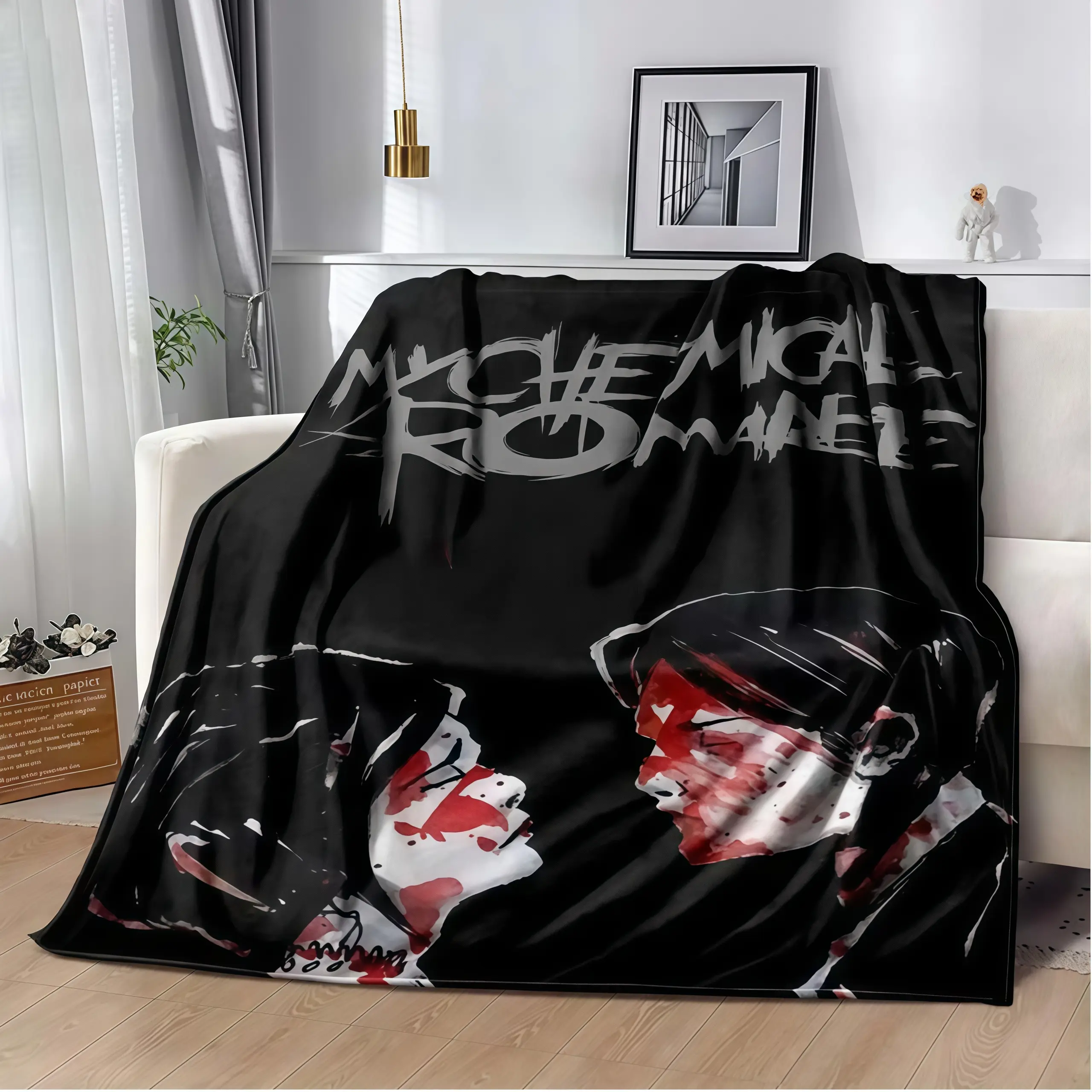 My Chemical Romance Black Background Character Print Soft Comfortable Flannel Throw Blanket Warm Cozy Decorative Couch Bedroom Nap Home Blanket Rock Band Themed Giftable Print Flannel Warm Throw Blanket For Indoor Outdoor Travel Daily Use Popular Room Dec