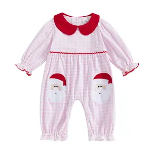 Newborn Baby Girl Christmas Pajamas Romper Plaid Santa Claus Jumpsuit Long Sleeve Peter Pan Collar Onesie Bodysuit Outfit