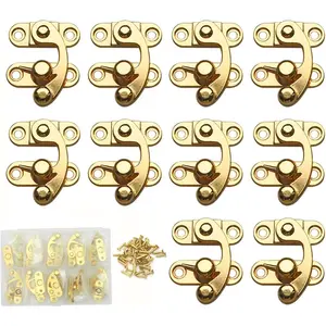 10Pcs Antique Vintage Thickened Horn Lock Latch Hook Hasp with 40 Screws, Golden Right Latch Clasp Hardware for Jewelry Box, Size 27 x 25 x 8mm