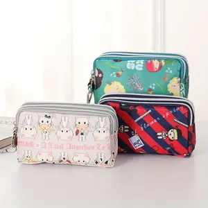 Triple zipper clutch coin purse, nylon lightweight wrist strap wallet, casual portable phone bag