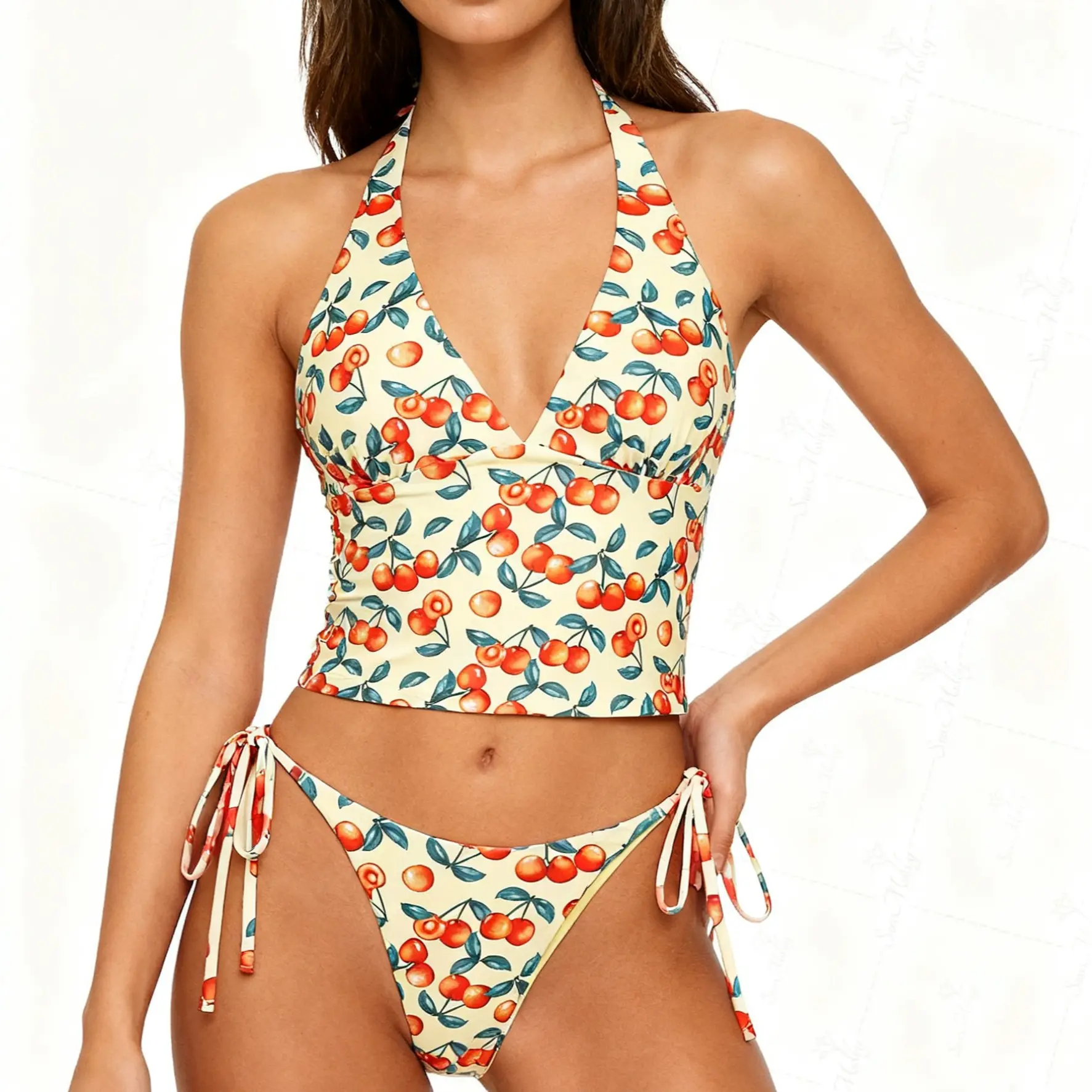 SEAMOLY Women's Cherry Print Halter Tankini Set, 2-Piece Plunging Neck Swimsuit with Adjustable Tie-Side Bottoms, Swim Top Set