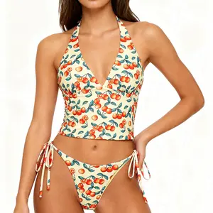 Seamoly Fruit Cherry Print Halter Plunging Neck Tie Side Tankini Set sarong tankini woman RushReady2025 Drawstring Swimsuit