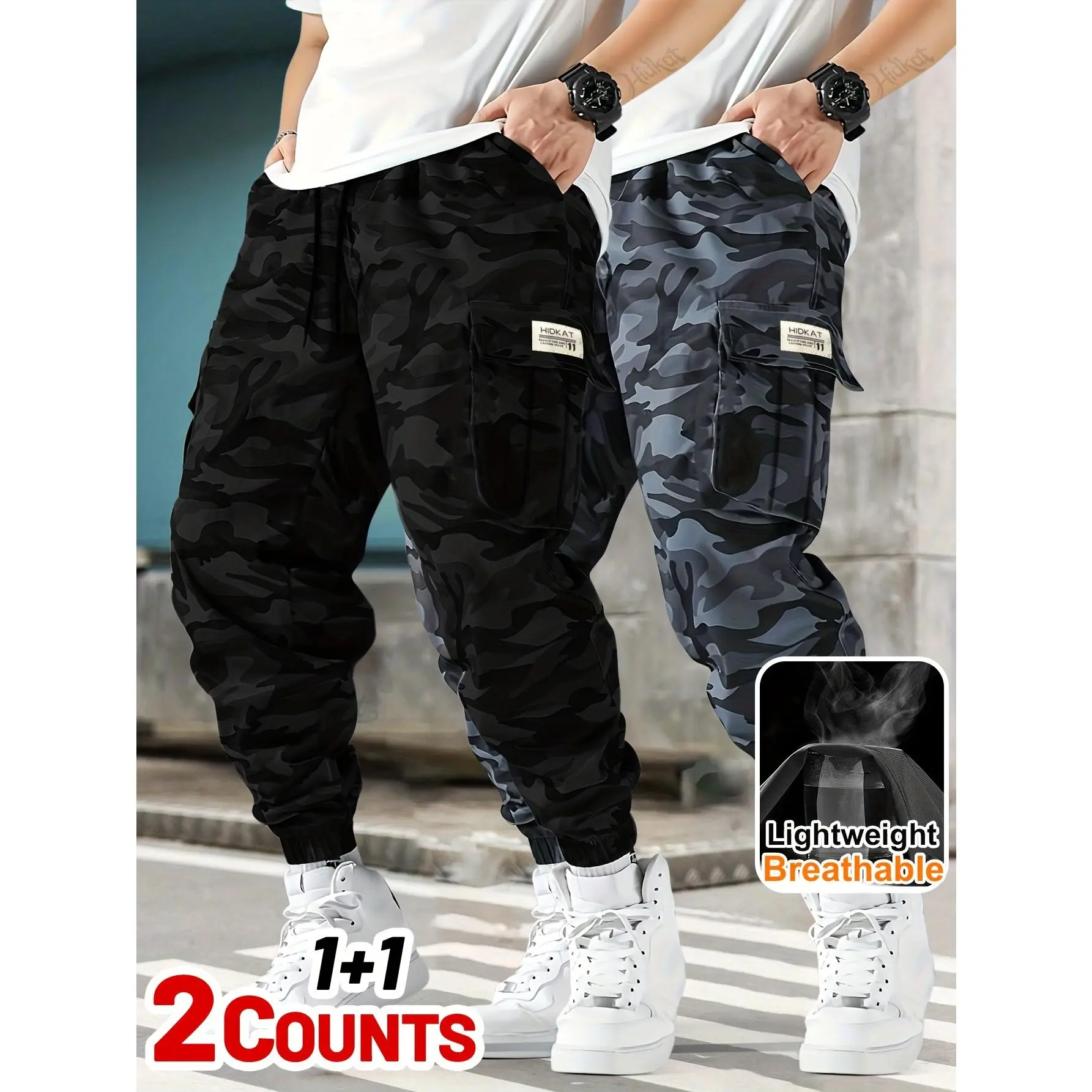 2pcs set of Men's camouflage work pants, thin and breathable, with adjustable drawstring at the waist, flap pockets, suitable for daily casual wear and outdoor hiking.