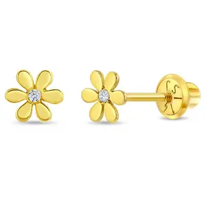 14k Gold Tiny Flower Clear CZ Baby / Toddler / Kids Earrings Safety Screw Back