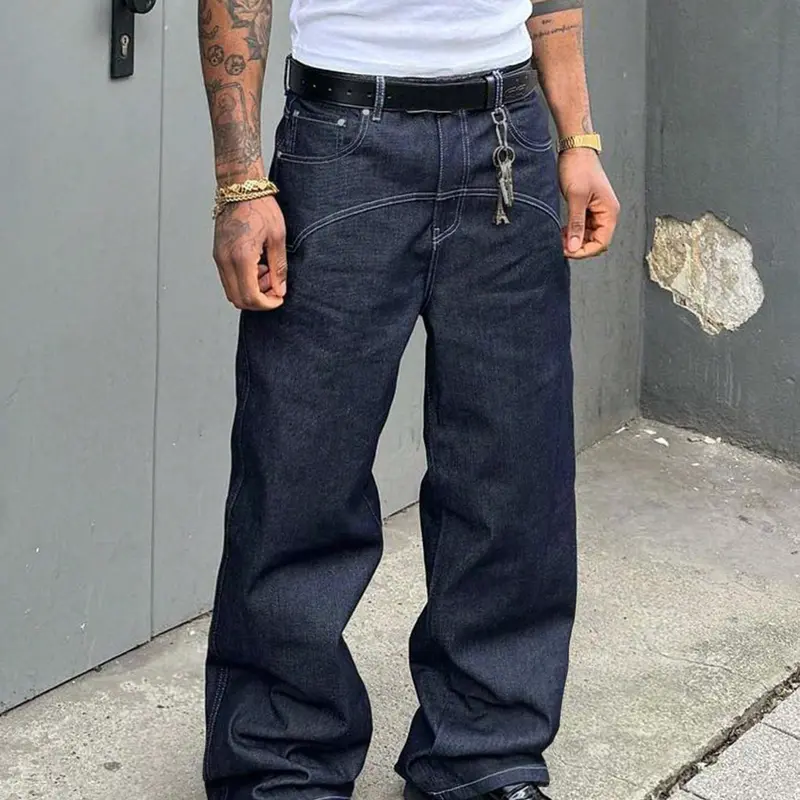 Men's Regular Fit Solid Color Double Line Design Straight Leg Jeans, Casual Comfy Denim Trousers for Daily Wear, Fashion Streetwear Men's Bottoms for All Seasons