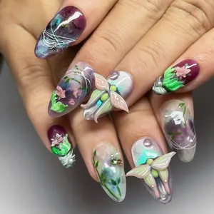 Summer Vibe Press On Nails 3D Forest Fairy Butterfly Fantasy Purple & Green Iridescent