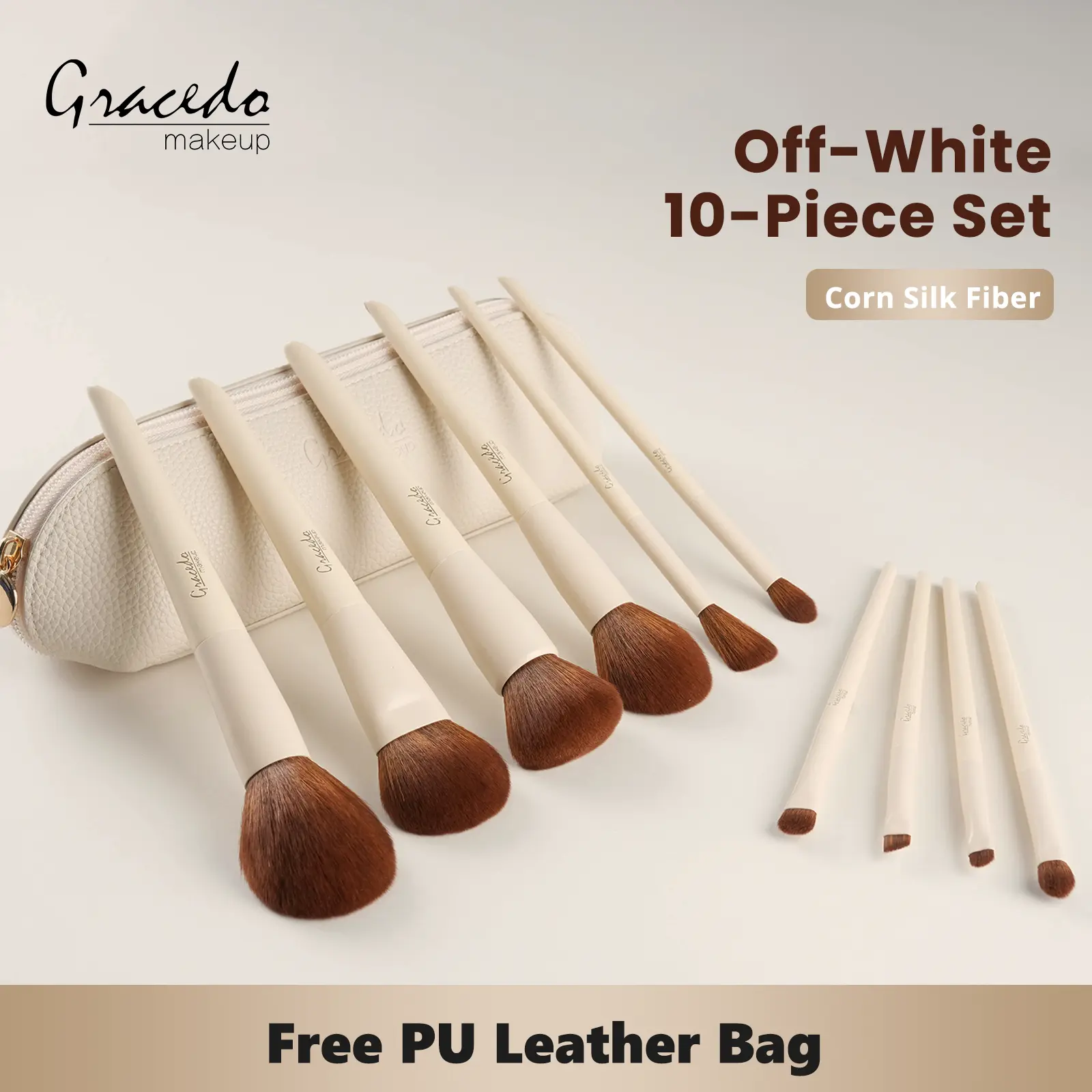 10-Piece Makeup Brush Set | Wooden Handle & Vegan Corn Silk | Starter Kit Includes PU Leather Travel Bag