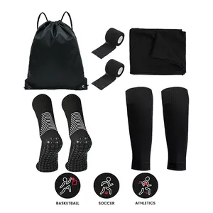 5-Piece Soccer Socks Set Outdoor Sports Fitness Training Kit, Anti-Slip Football Socks, Soccer Grip Socks, Shin Guards, Storage Bag, Tape, Sweat Towel