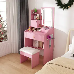 Mermaid Vanity Desk with 3-Color LED Mirror & Cushioned Stool, Pink Bedroom Dressing Table, 2 Drawers + 5 Storage Cabinets (4 Open + 1 Hidden), Adjustable Light Makeup Vanity Table for Girls Women Bedroom Decor, Room Decor, Girl Room Decor