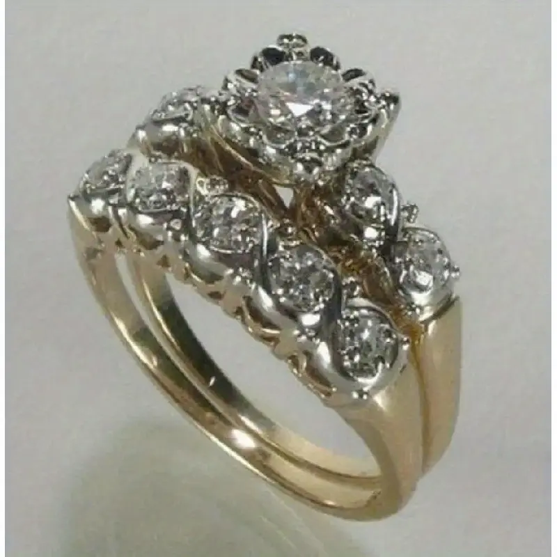Couple's Alloy Base Imitation Diamond Rings - 2 Stylish Exquisite Zirconia Inset Rings with Unique Shape, Year-Round Elegant Proposal & Wedding Jewelry