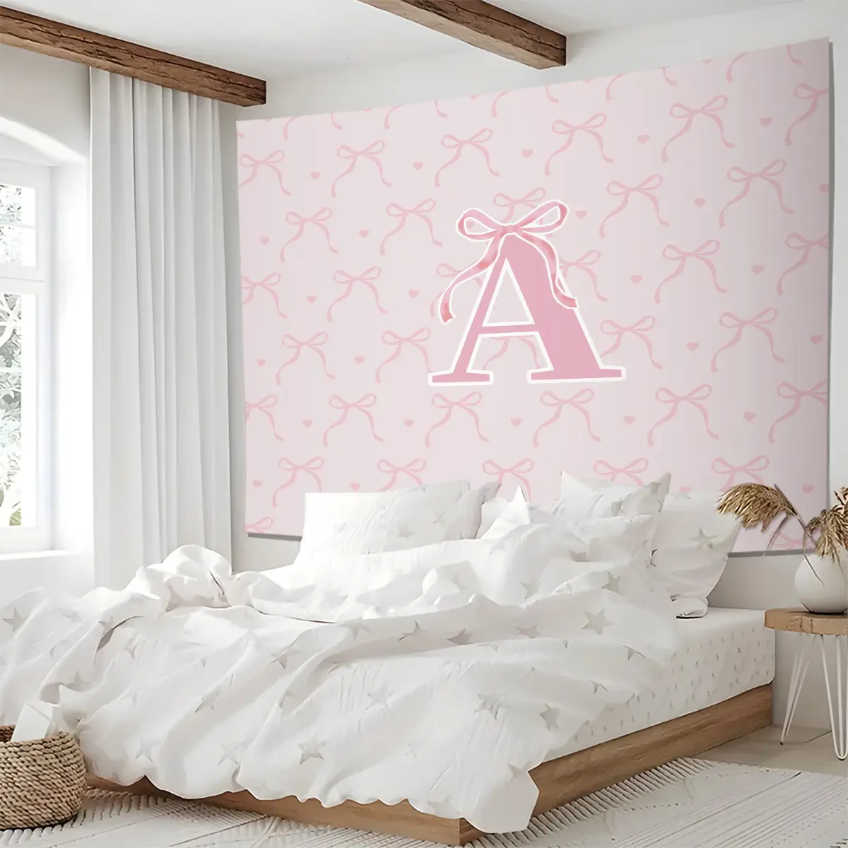 Pink Bow Print Tapestry, Decorative Tapestry, Creative A-Z Letter Design Wall Hanging, Princess Room Decoration Tapestries, For Living Room, Bedroom, Home Bedroom Decor, Personalized Fashion Gift Blanket, Girl Room Accessories, Bed Room Decor Aesthetic