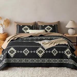 Western Quilt Set, Southwestern Aztec Country Tribal Native American Rustic Ranch, Reversible Lightweight Bedspread Coverlet, 3 Pieces, Black Brown, Queen/