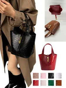 Mini Bucket Bag Made of Fine PU Material, Crocodile Embossed Design, Metal Lock Buckle, Vintage Style, Handheld or Crossbody, Eight Colors Available