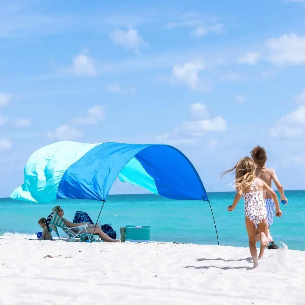 150 Sq. Ft. Wind-Powered Beach Shade Canopy - High Quality, Lightweight (4 lbs), Easy Setup in 3 Minutes, Blue Perfect for Family Outings and Relaxation bed tent 3-4 person sun shelter szhlux hammock