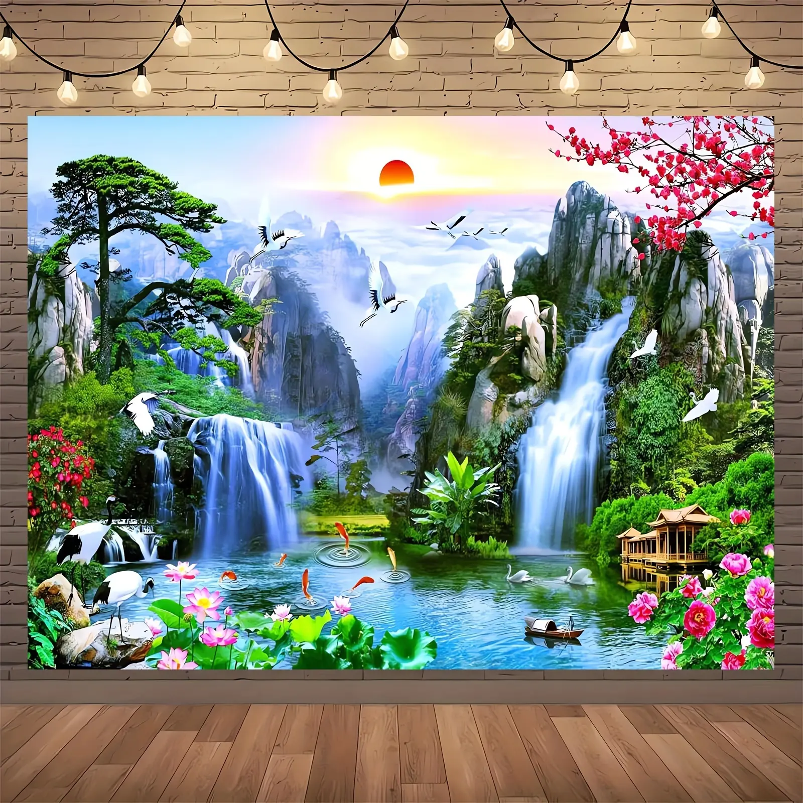 Polyester Photo Backdrop - 51x59in Natural Dreamy Landscape Banner with Fairyland Mountains, Lakes, Waterfall, Swans, Fish, Flowers, for Adult Portrait Photoshoots, Business Events, Wall Decor,summerwins
