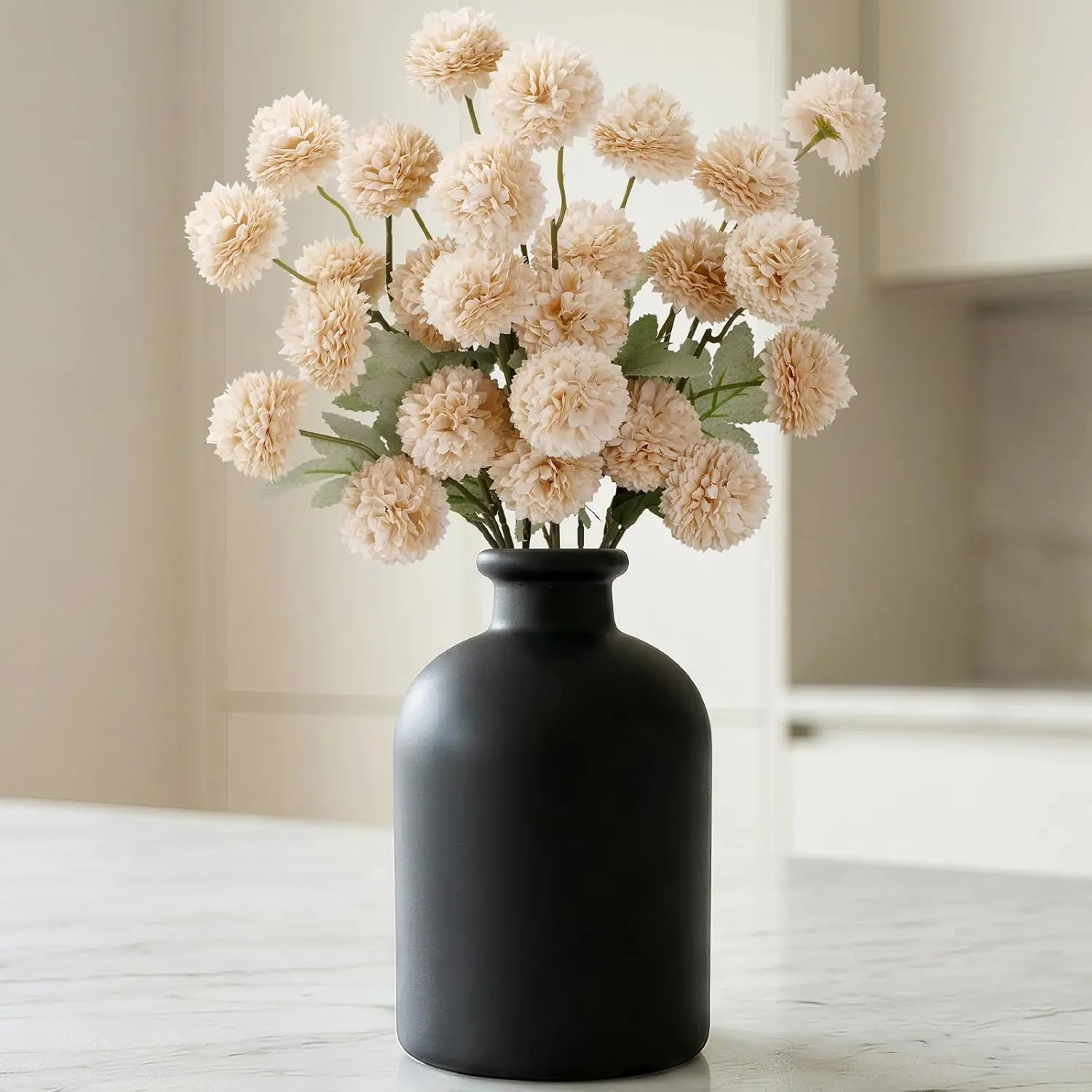 Lifewit 5-10 Pcs Faux Silk Pom-Pom Chrysanthemum Plastic Flowers with Eucalyptus, Long Stems, Lifelike Decorative Flowers for Home Decor, Wedding Floral Arrangements, DIY Bouquets, Faux Silk Flowers