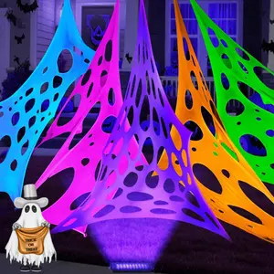 PLL Glow in the dark 1300 Sqft 5 colors Uncut Giant Spider Web Halloween Decorations Outdoor with 1 Black Light &10 Ground Nails Stretchy Beef Cloth Netting DIY Flexible Elastic for Yard Party Decor