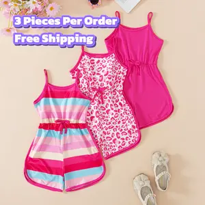 Kids Clothing Girls 3-Pack Summer Dresses Set - Cute Sleeveless Spaghetti Strap Outfits, Trendy Striped/Pink Leopard Print/Solid Pink, Comfy for 4-7Y Little Fashionistas’ Beach & Playtime, Vacation Essentials, Summer Outfits Set
