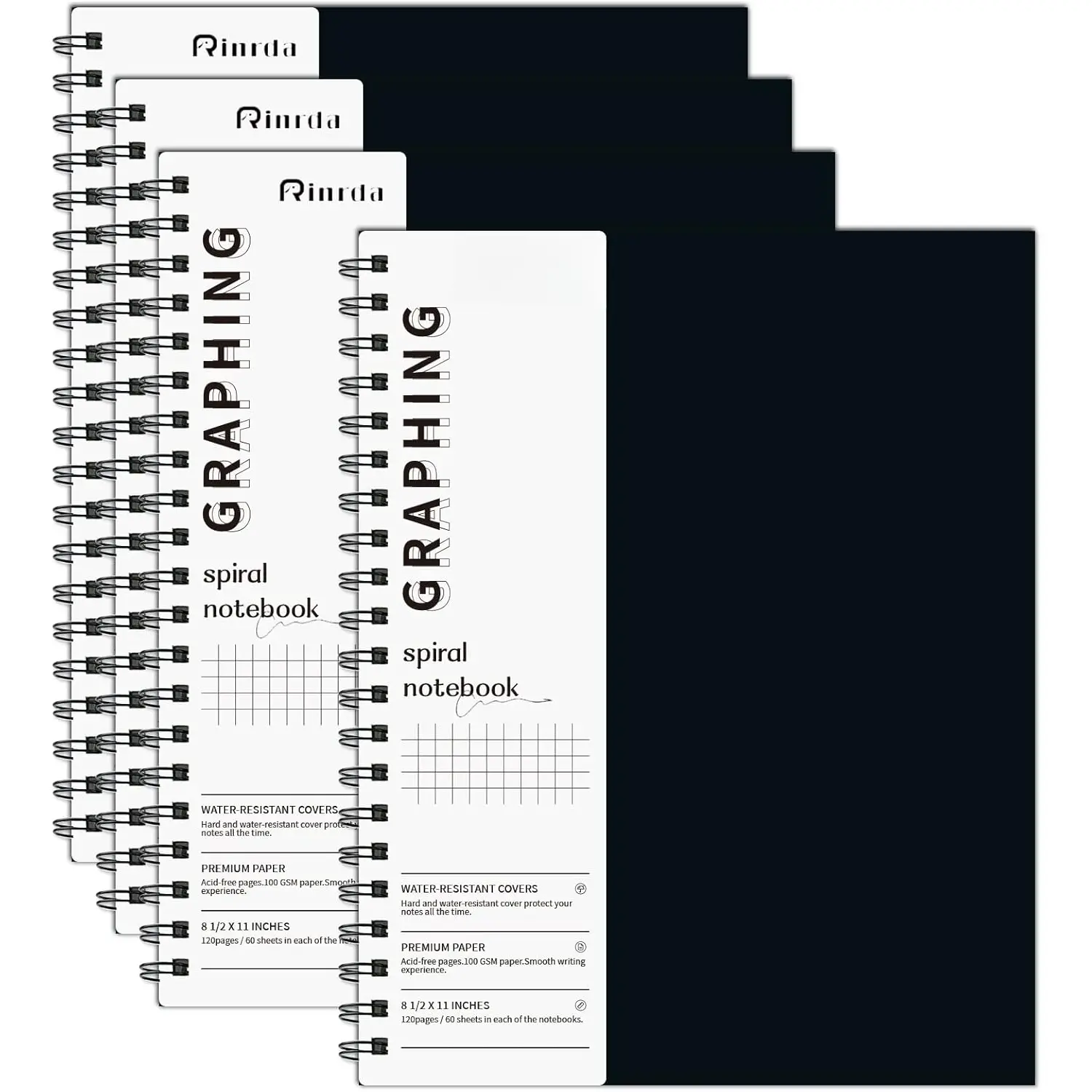 Hardcover Spiral Graph Paper Notebook 4-Pack, 8.5"x11", 60 Sheets/120 Pages, 100 GSM Thick Paper, Sturdy Spiral Binding & Cover, Easy to Fold, Engineering Notebook for School Writing/Drawing & Creative Expression (Office Stationery Supplies)