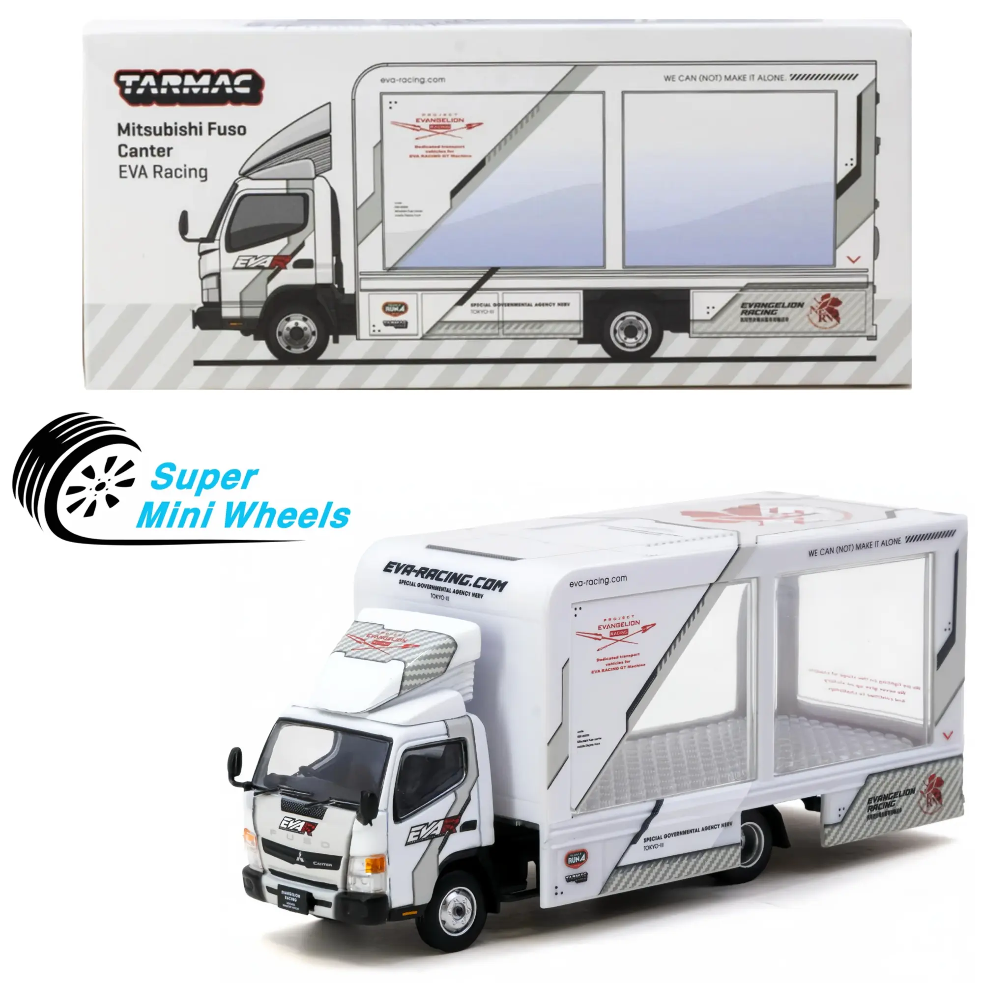 Tarmac Works 1:64 Mitsubishi Fuso Canter EVA Racing Mobile Display Truck – White