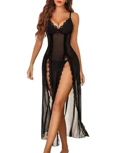 Women's Lace Lingerie Nightdress, Sexy Spaghetti Strap Sheer Mesh Sleepwear, V Neck Side Split Robe, Casual Daily Wear