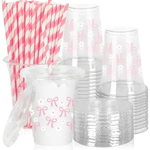 20/50 Bow Daisy Pattern Clear Plastic Cups with Lids & Striped Straws Set, Cute Party Supplies for Baby Shower, Bridal Shower, Birthday, Valentine's Day, Wedding