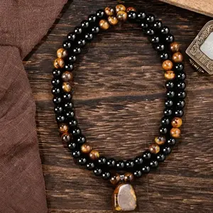 Obsidian & Tiger's Eye Prayer Bead Necklace |   Square Tiger's Eye Pendant Amulet Necklace - Protection & Healing Jewelry for Men & Women