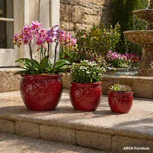 Handmade Ceramic Decorative Planter Pot Set of 3, 15/12/10 in Diameter, Deep Red with Floral Embossed Pattern, Breathable Clay Garden Pot for Orchids, Indoor/Outdoor Use on Windowsill