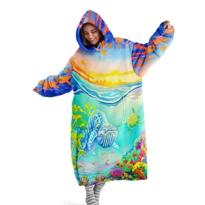 Hooded Blanket, Wearable Blanket, Cozy Hooded Blanket, Under the Sea World with Turtle Digital Print Flannel Blanket Soft and Warm Blanket, Ideal for Sofa Throw, Home Relaxation, Camping Travel
