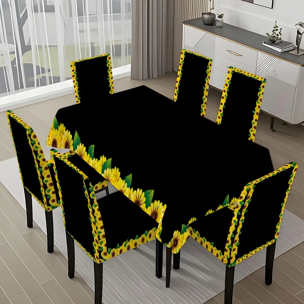 5/7-piece 2D Flat Printing Yellow and Black Sunflower Frame Printing Pattern Tablecloth and Chair Covers Set, Dining Room Chair Covers, for dining table and chair decoration, perfect for home, holiday gatherings, and parties
