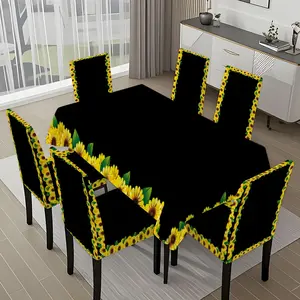 5/7-piece 2D Flat Printing Yellow and Black Sunflower Frame Printing Pattern Tablecloth and Chair Covers Set, Dining Chair Slipcover, for dining table and chair decoration, perfect for home, holiday gatherings, restaurants, and parties.