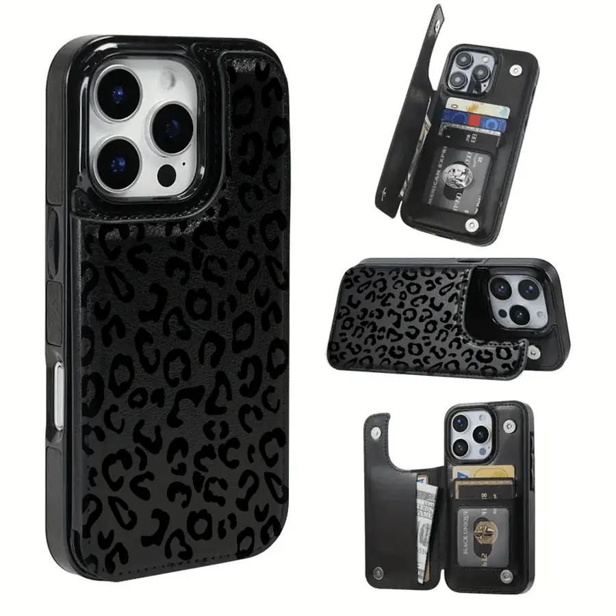 Phone Case - This stylish TPU phone case features a minimalist leopard print design and includes a card slot, as well as various features for bank and transportation cards. It is compatible with iPhone 16 Pro Max, 16, 15 Pro, 14 Plus.